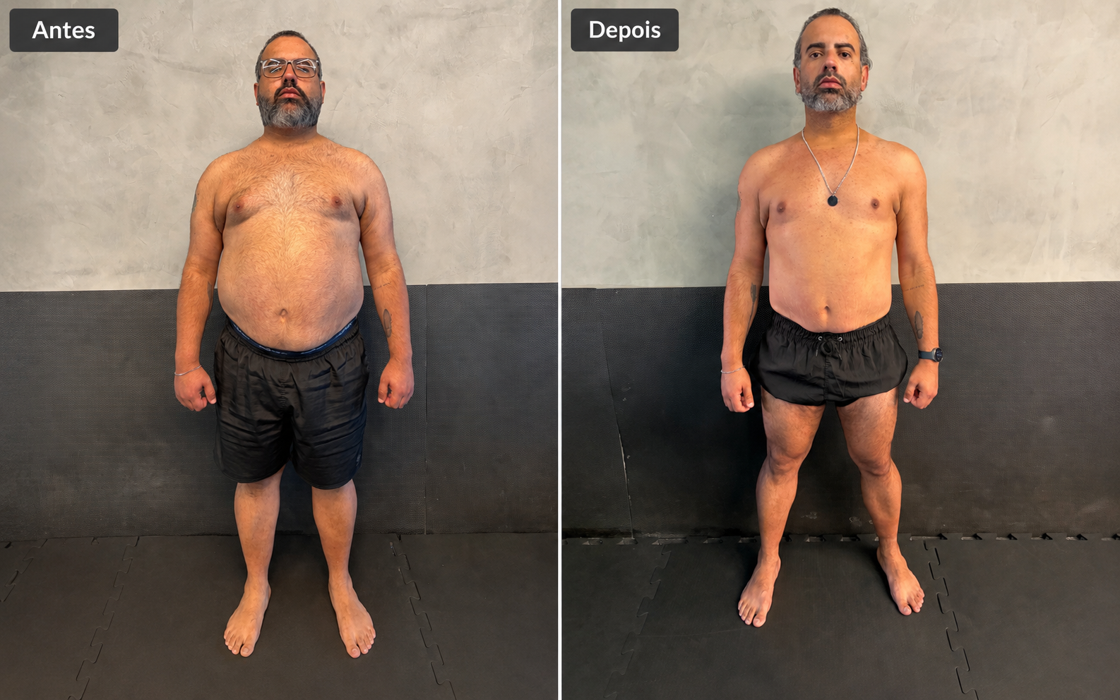 Transformação do aluno Rafael — comparativo antes e depois de frente